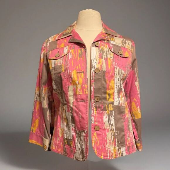 Ruby Rd Jacket 10P Brown Pink Camo Denim Button Coat Urban Chic Layer - Picture 2 of 16